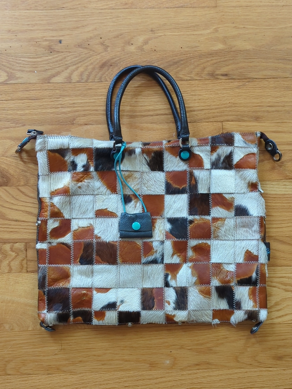 Patchwork Cowhide Tote with Dark Leather Handles - Brown & White